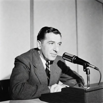 Man speaking at vintage microphone