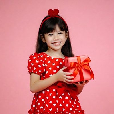 Asian girl holding red gift box