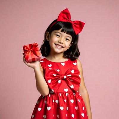Asian girl holding red gift box