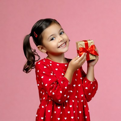 Girl holding red ribbon gift box