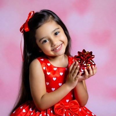 Girl holding red bow gift