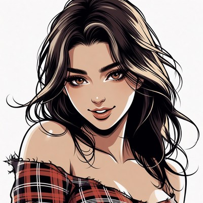 Anime girl in plaid off-shoulder top