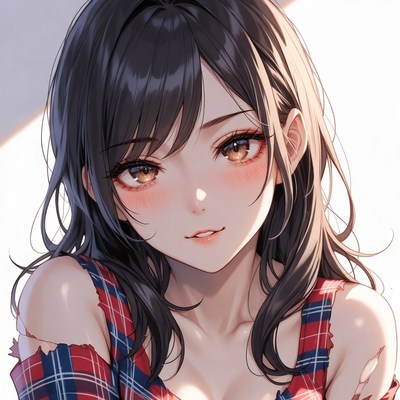 Anime girl with torn plaid top