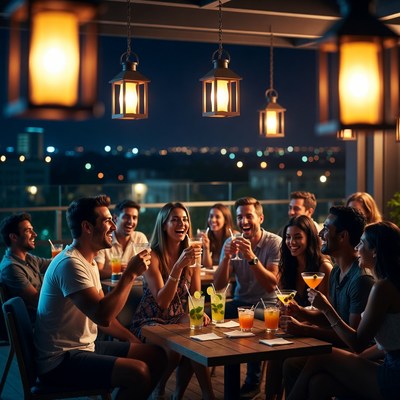 Diverse group toasting cocktails on rooftop