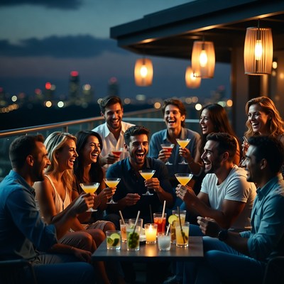 Diverse group toasting cocktails on rooftop