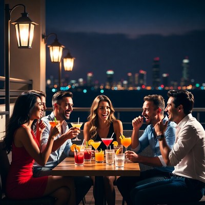 Group toasting cocktails on rooftop at night