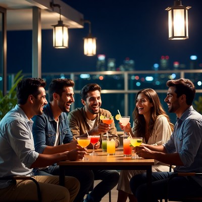 Group of friends drinking cocktails on rooftop