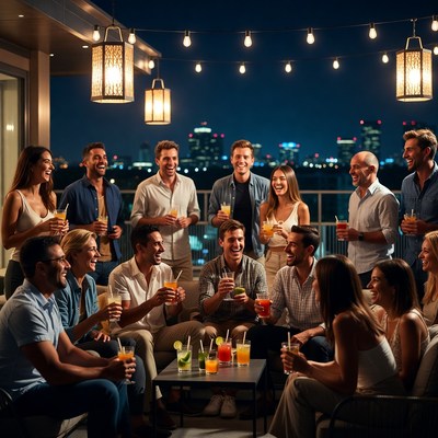 Diverse group partying on rooftop at night