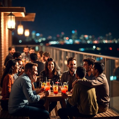 Group enjoying cocktails on rooftop terrace
