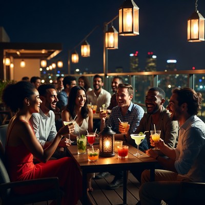 Diverse group enjoying rooftop cocktails at night