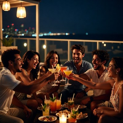 Diverse group toasting cocktails on rooftop