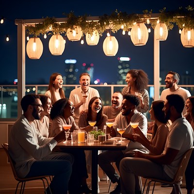 Diverse group enjoying rooftop party night