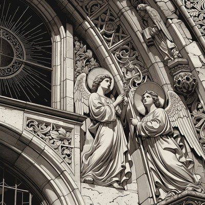 Two Angels Holding Crosses on Cathedral