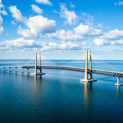 Cable-stayed bridge over blue water