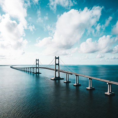 Curved Suspension Bridge over Blue Water