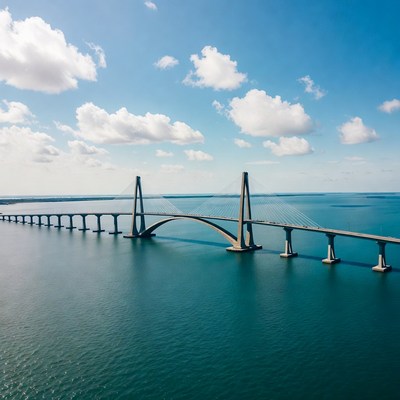 Cable-stayed bridge over turquoise sea
