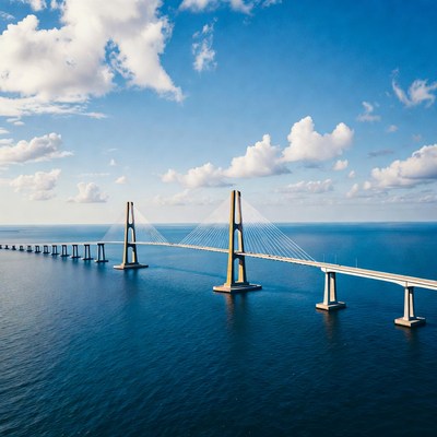 Golden suspension bridge over ocean
