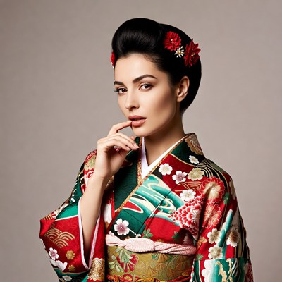 Woman in green kimono with red flowers