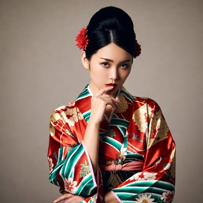 Asian woman in red kimono