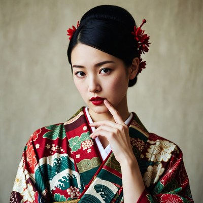 Asian woman in kimono with red flowers