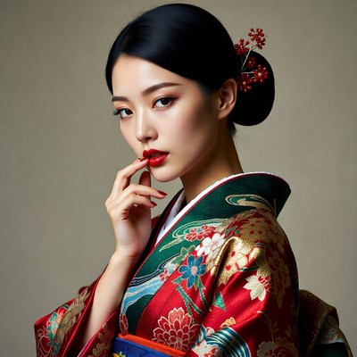 Asian woman in red kimono