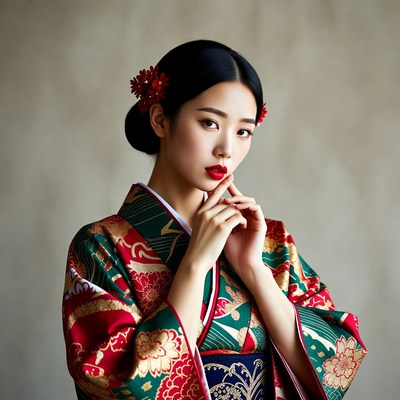 Asian woman in red green kimono