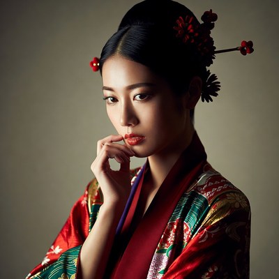Asian woman in red kimono