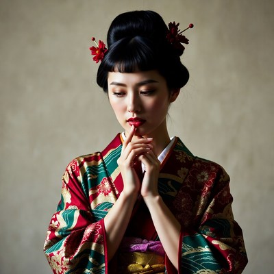 Japanese woman in kimono with hands clasped