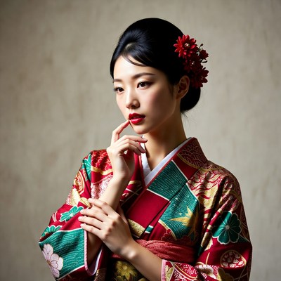 Japanese woman in kimono touching lips