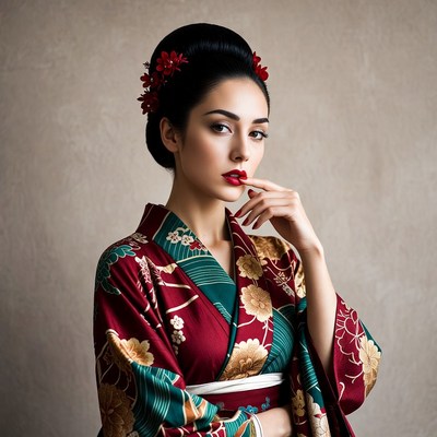 Woman in red kimono with hand on chin