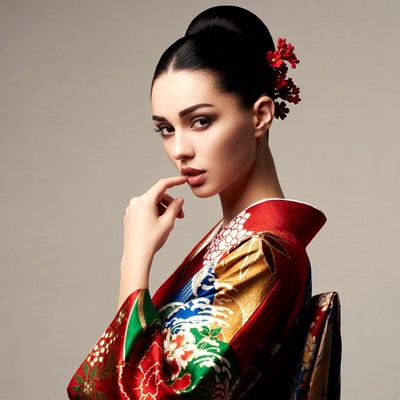 Woman in red kimono with red flower