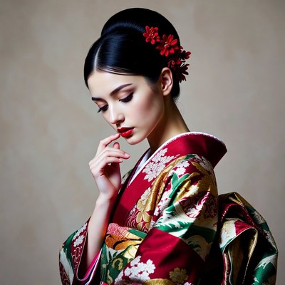 Asian woman in red kimono