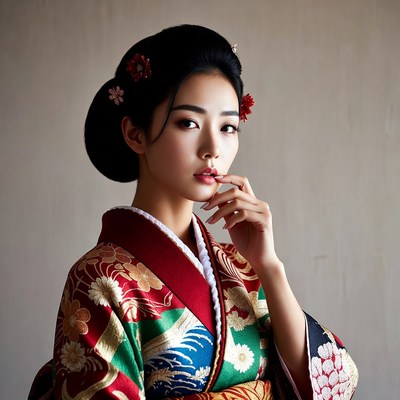 Asian woman in red kimono