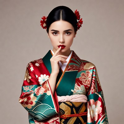 Asian woman in kimono finger to lips