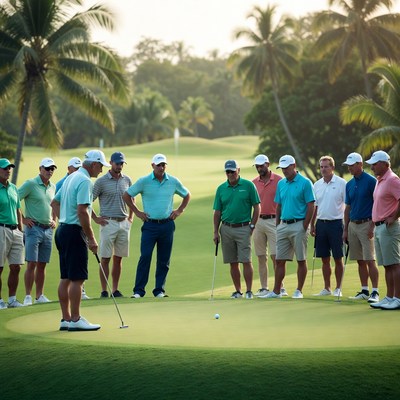 Men golfing on tropical putting green