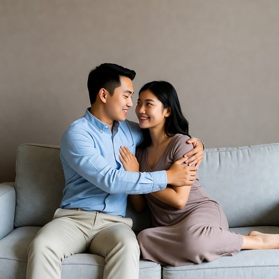 Asian couple hugging on sofa