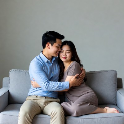 Asian couple hugging on sofa