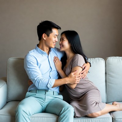 Asian couple hugging on couch