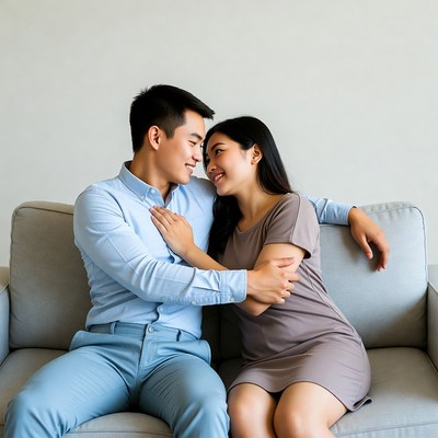 Asian couple cuddling on sofa