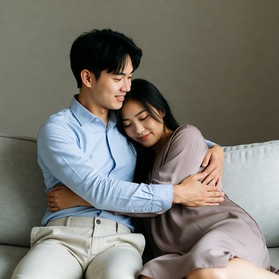 Asian couple hugging on sofa