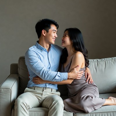 Asian couple embracing on sofa