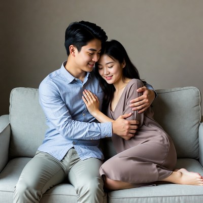 Asian couple embracing on sofa