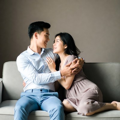 Asian couple embracing on sofa