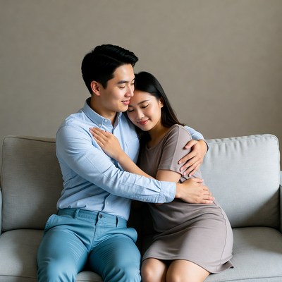 Asian couple hugging on sofa