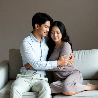 Asian couple hugging on sofa