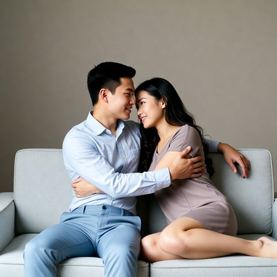 Asian couple embracing on sofa
