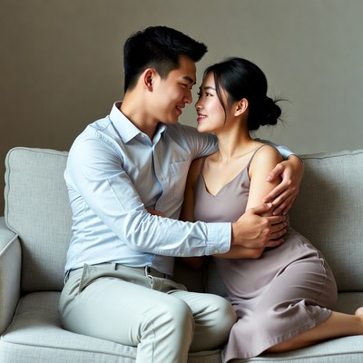 Asian couple embracing on sofa