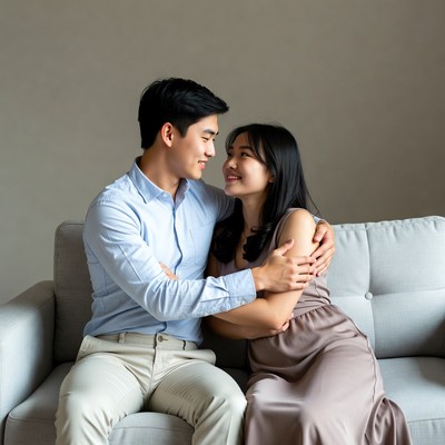 Asian couple embracing on couch