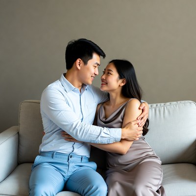 Asian couple embracing on sofa