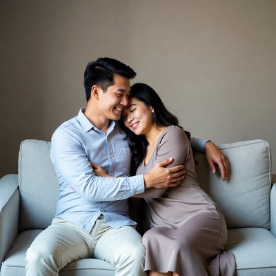 Asian couple hugging on sofa